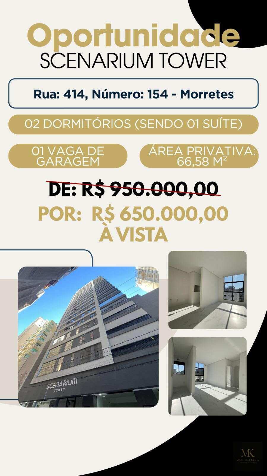 Apartamento Oportunidade 2 Dormitórios Sendo 1 Suíte + 1 Vaga de Garagem de R$ 950.000,00 Por R4 650.000,00 Morretes Itapema Sc - Marcelo Krug Corretor de Imóveis